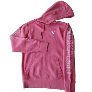 American Eagle Hoodie Sweatshirt Woman XS‎ Coral Spell Out Logo Mock Neck Fleece